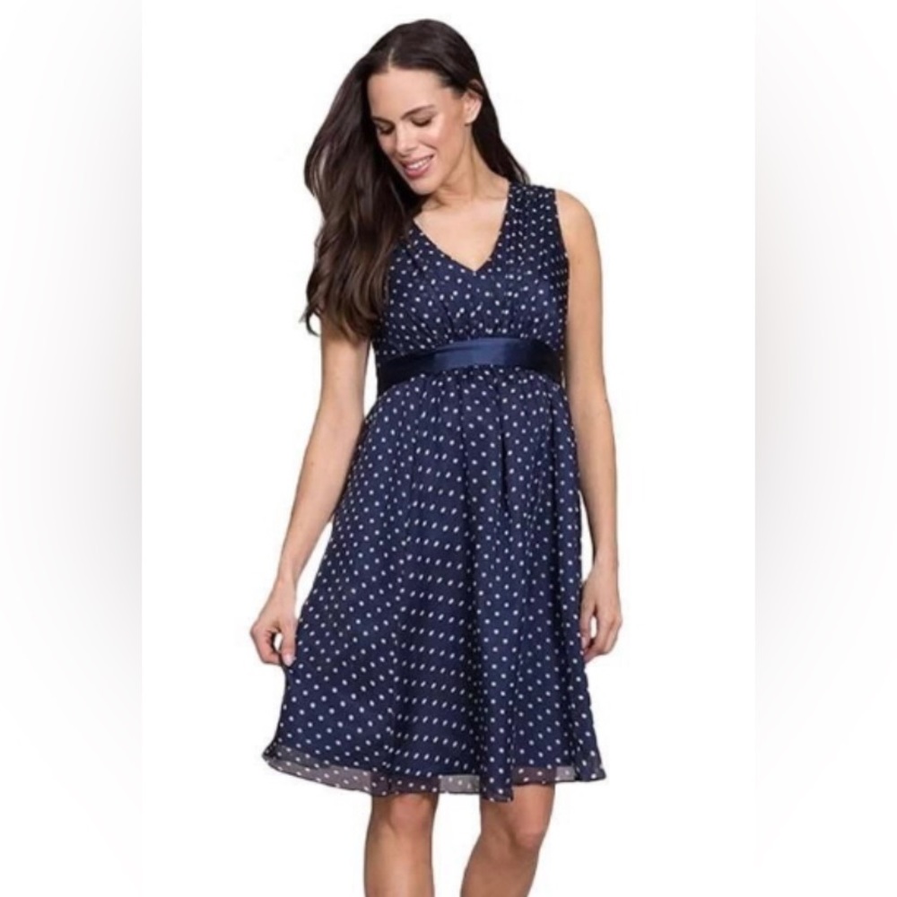 Seraphine Maternity LUXE navy & ivory polka dot silk cocktail “Cassandra” dress